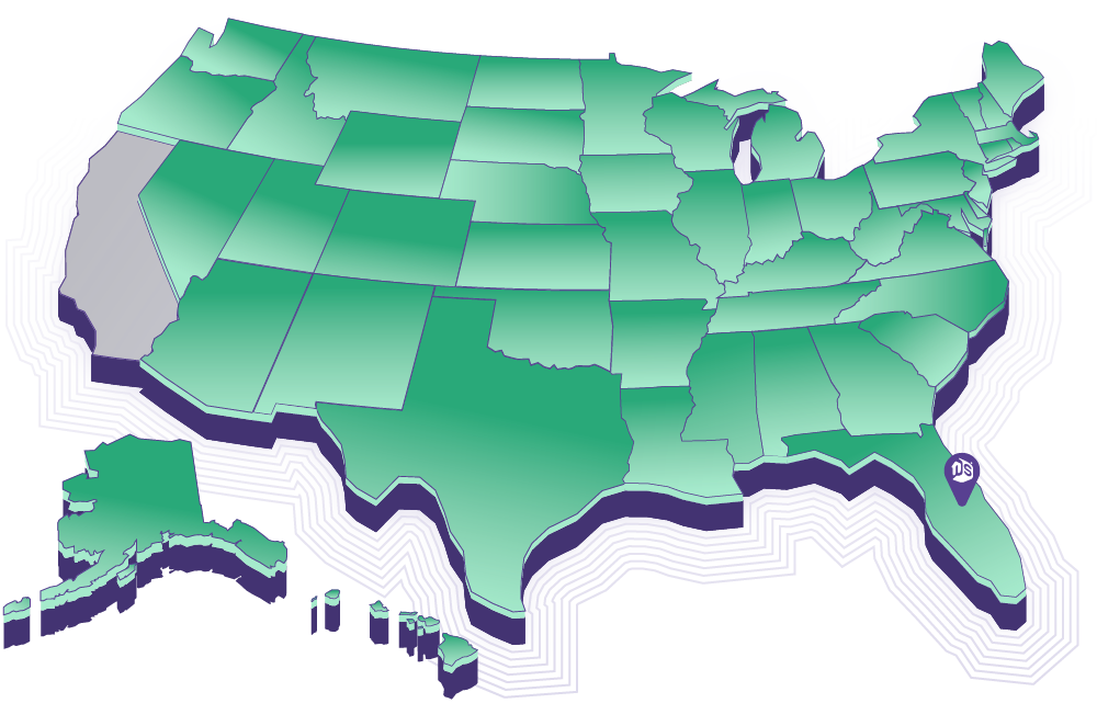 A map of the US with all states that WholeScripts Pharmacy is licensed in